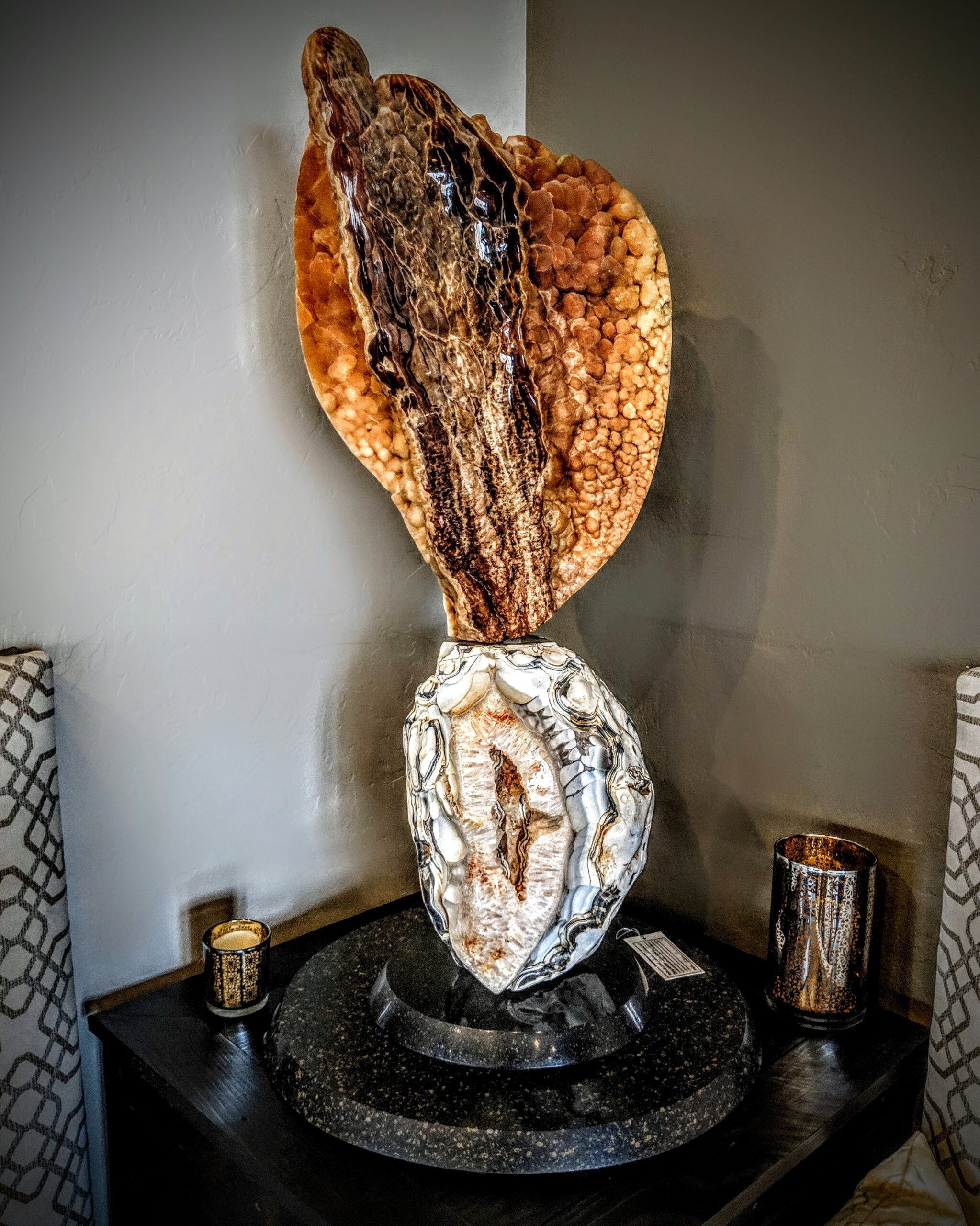 Golden Aragonite sculpture on Brazilian Agate base carved by Stone Art Studios.